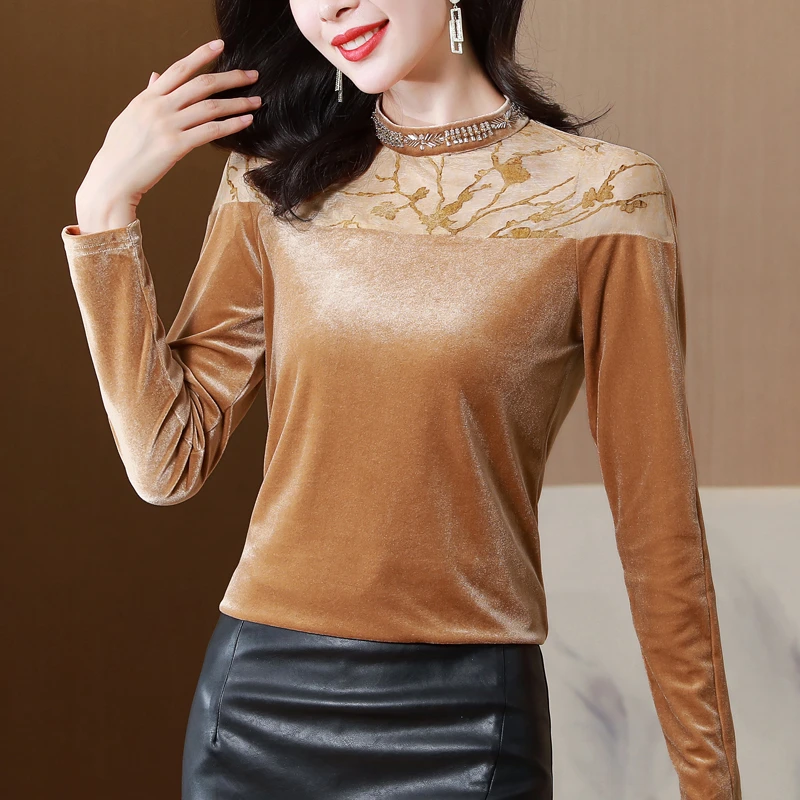 金丝绒打底衫女春秋季新款2025半高领长袖洋气钉珠修身内搭上衣