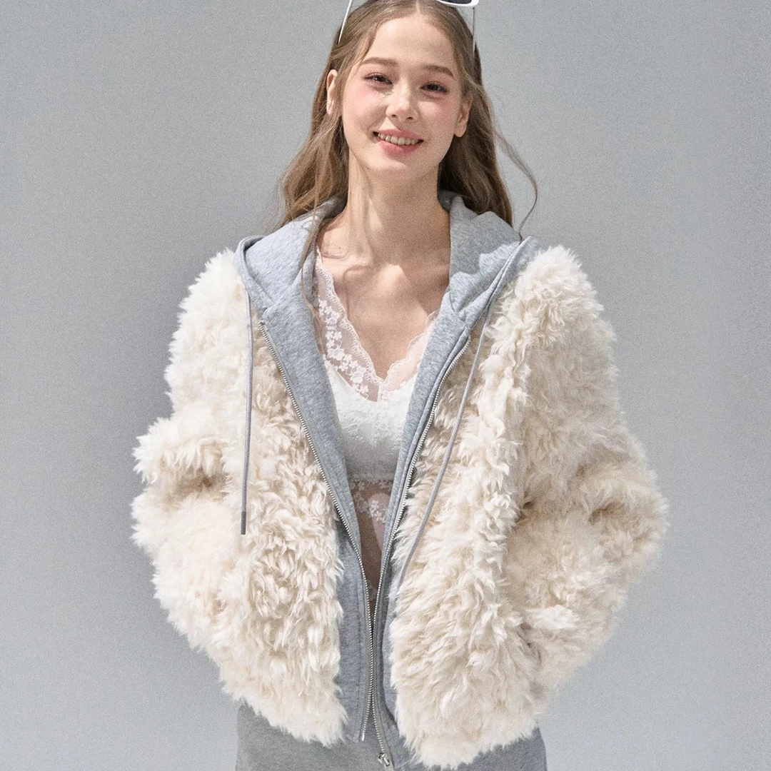 RECQNN R1C 假两件连帽拼接环保皮毛女2025秋冬季新款毛毛短外套