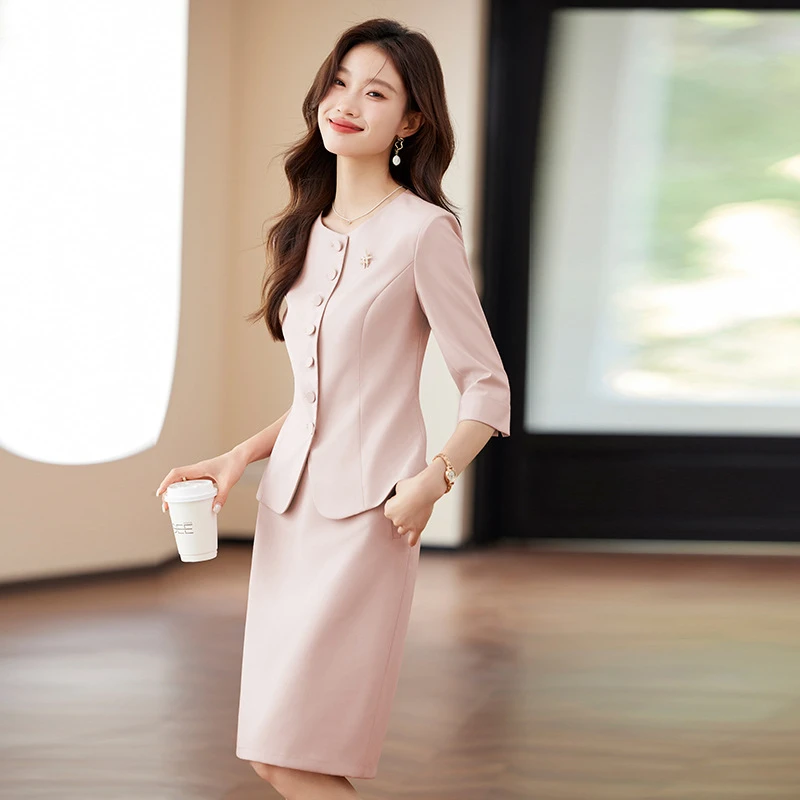 粉色七分袖教师公开课西装职业套装女播音主持人艺考正式场合套裙