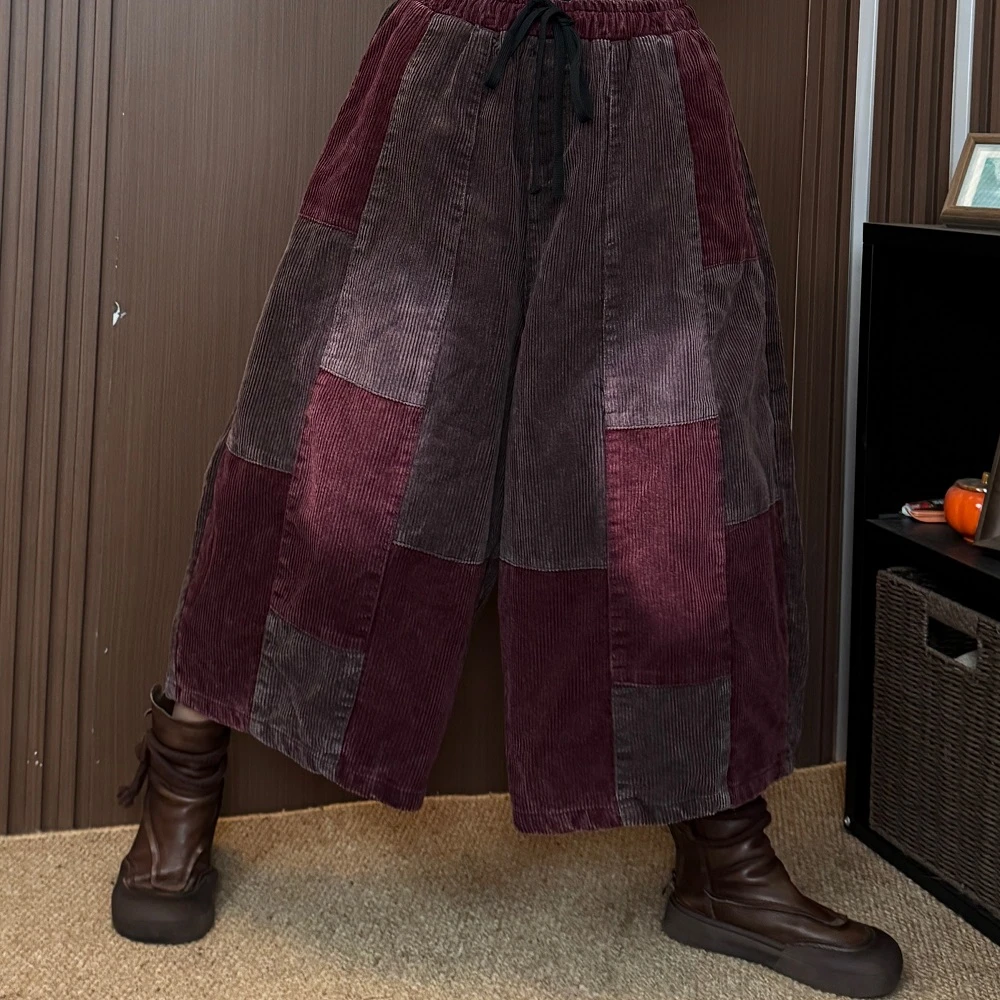 C3332秋新撞色灯芯绒宽腿裤女拼色设计炒色双层带内衬休闲裤78长