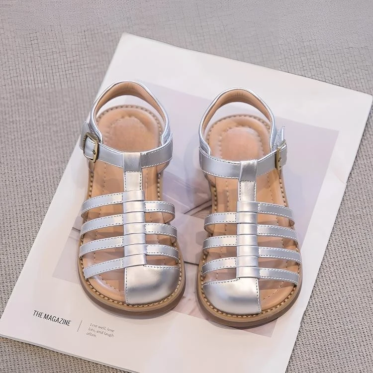 ABC女童包头凉鞋2025夏季新款洋气银色罗马沙滩鞋小女孩运动凉鞋
