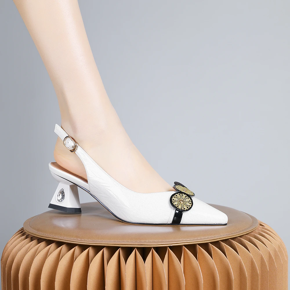 妮彩诗2024新款法式凉鞋女款绝美米白色时装优雅舒适百搭气质1634