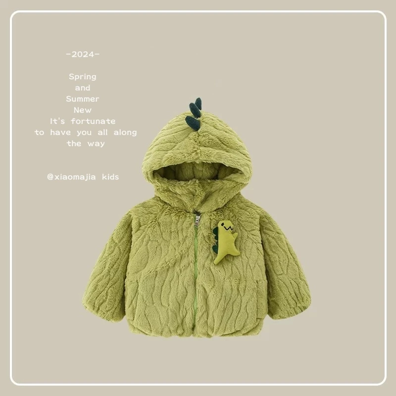 现货-儿童冬季内里仿兔毛连帽外套D-3790加厚卡通小恐龙百搭上衣