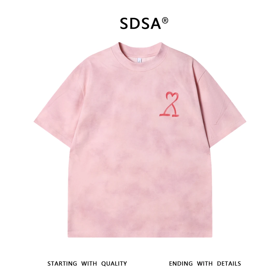 夏季高级感新款重磅彩绘印花爱心短袖T恤男痞帅宽松情侣潮流上衣