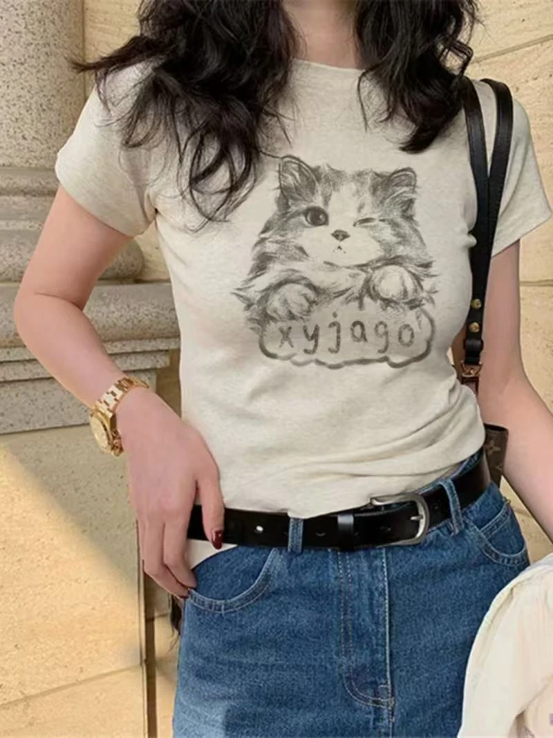 打底衫T恤字母通勤标准洋气套装网红印花短袖短款白色纯棉时尚