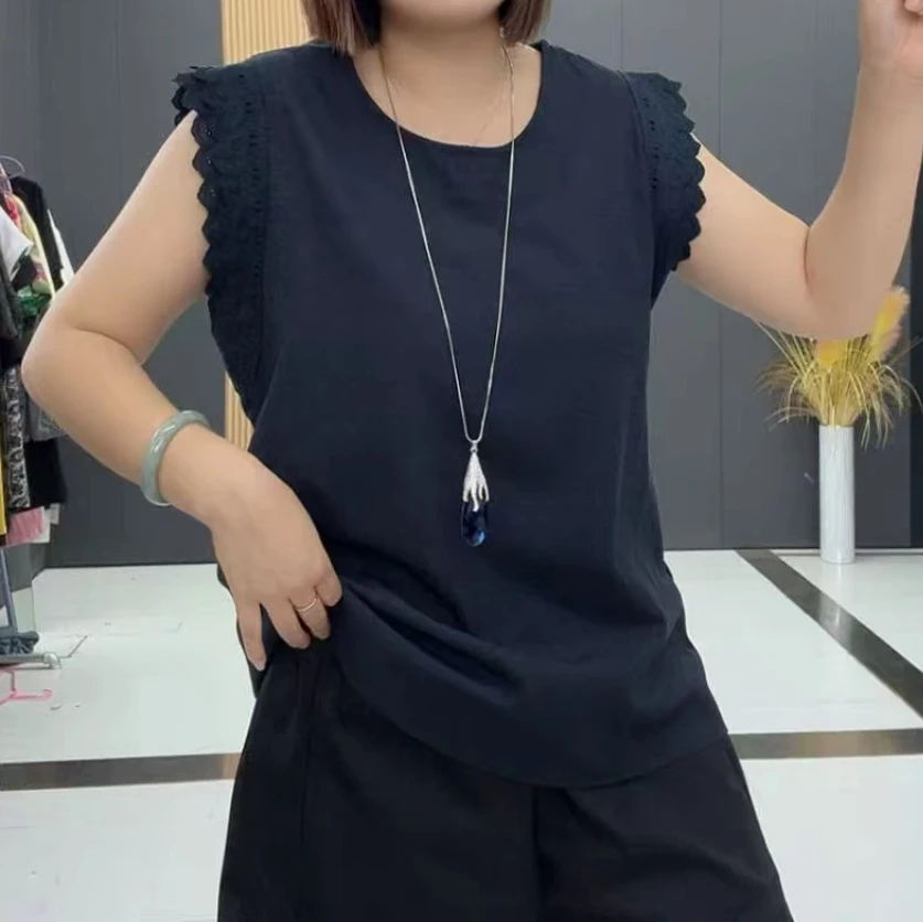 梦梦家8633款时尚洋气清凉透气宽松蕾丝拼接无袖衫