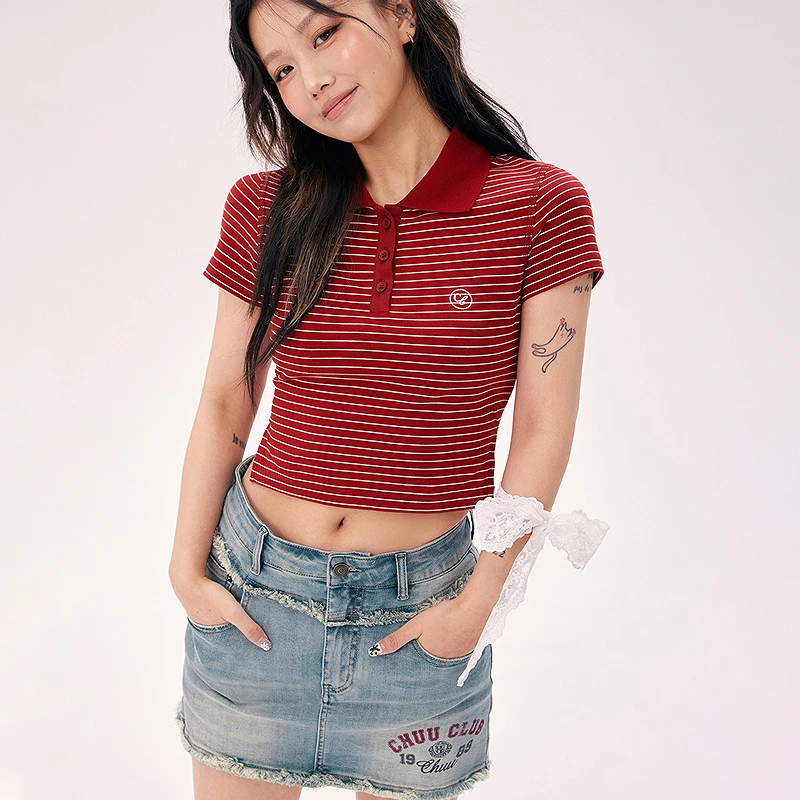 CHUU夏季女装条纹polo学院风穿搭字母刺绣修身短款百搭显瘦T恤