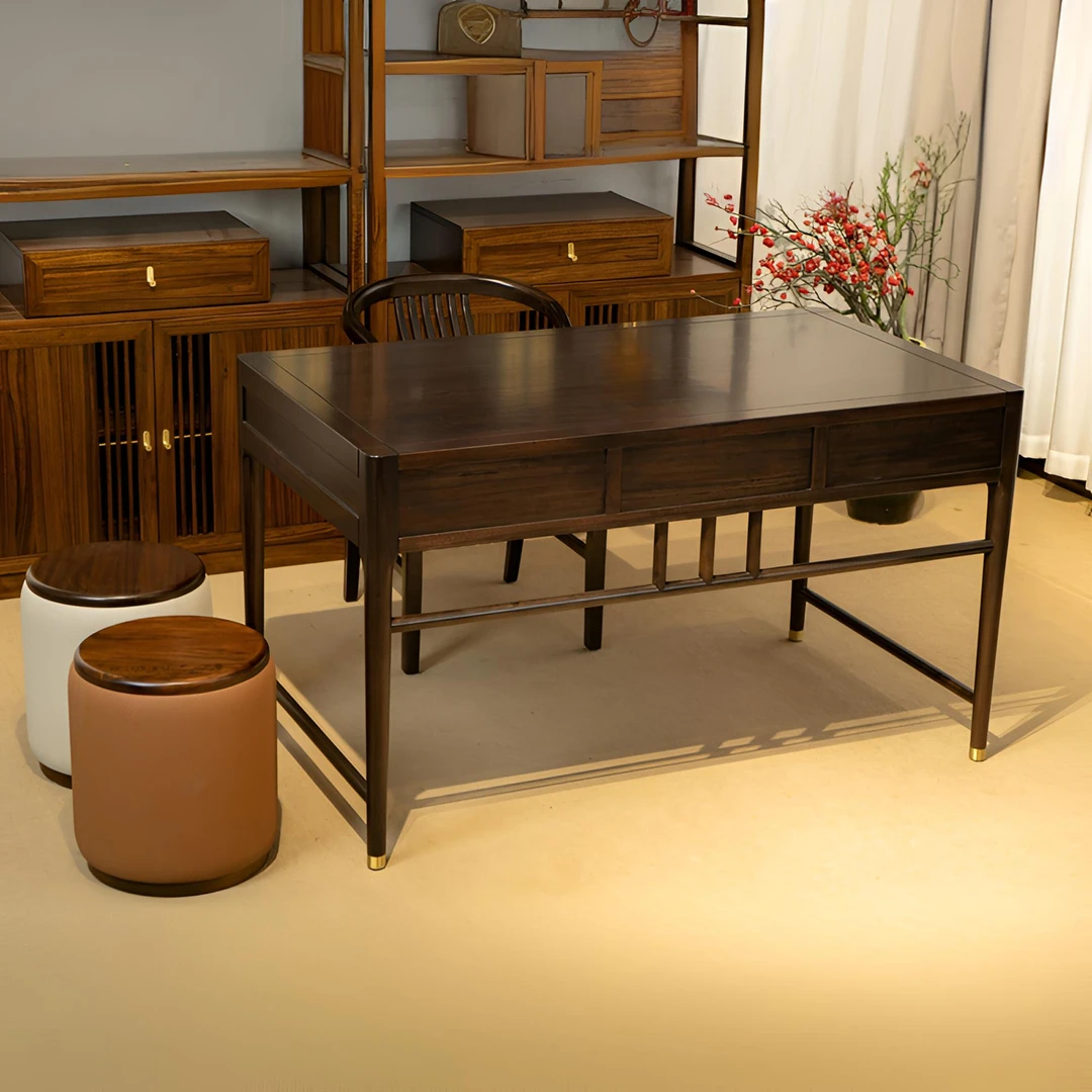 金檀木新中式书桌家用办公桌老板阳台茶桌极简实木电脑桌书法桌