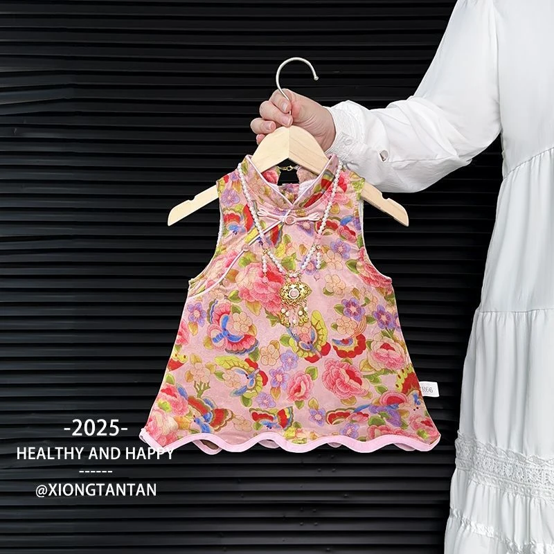 婴儿女宝宝无袖旗袍连体衣国风夏季2025新生幼儿唐装蝴蝶花包屁衣