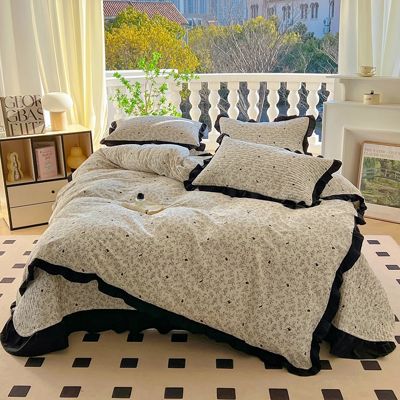 A类全棉水洗棉花边床盖四件套100纯棉被套加厚床单田园复古三件套