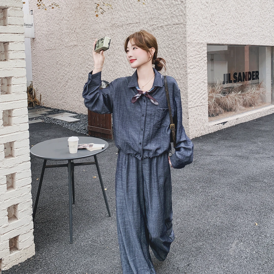 复古老钱风休闲时尚套装女2025年秋季慵懒松弛感衬衫阔腿裤两件套