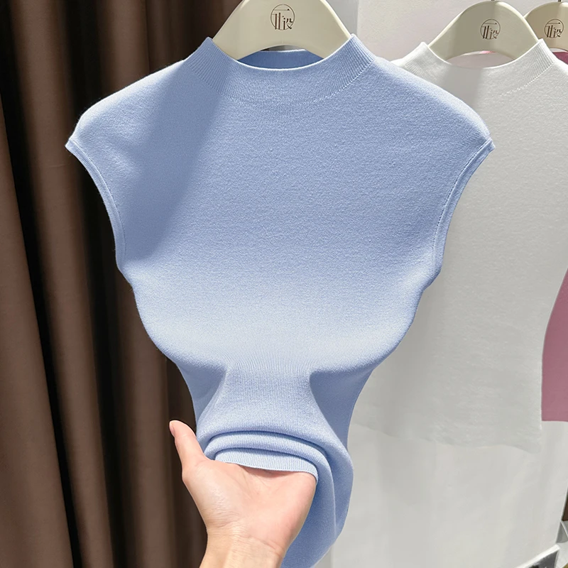 莱赛尔蓝色修身飞飞袖上衣2025夏季新款半高领设计感薄款针织t恤