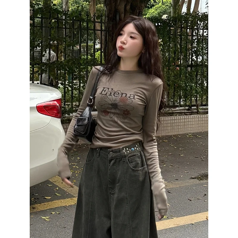 大码韩系慵懒风圆领长袖T恤女2025秋季胖MM宽松显瘦百搭打底上衣