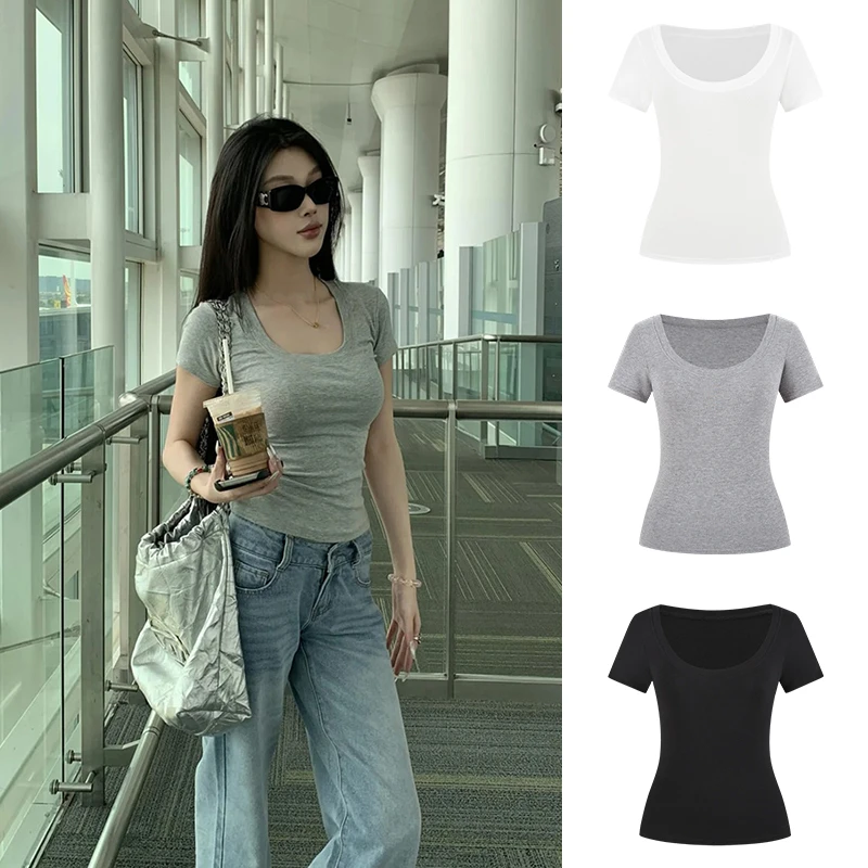 Moses Queen/魔西女王【运补3元】 大U领正肩T恤修身基础款辣妹上衣