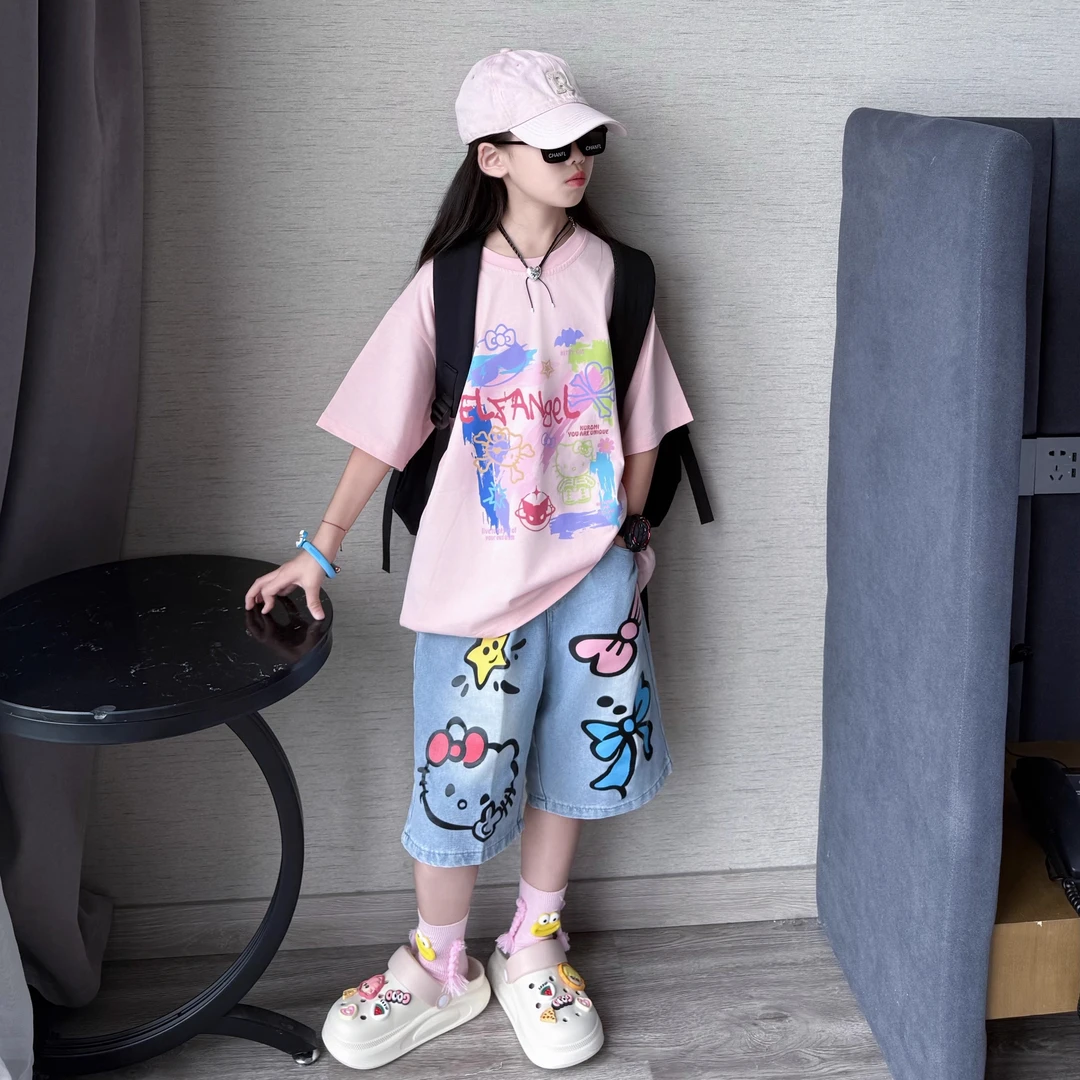 女童夏季网红可爱短袖T恤卡通2025新款儿童休闲宽松半袖短裤2件套