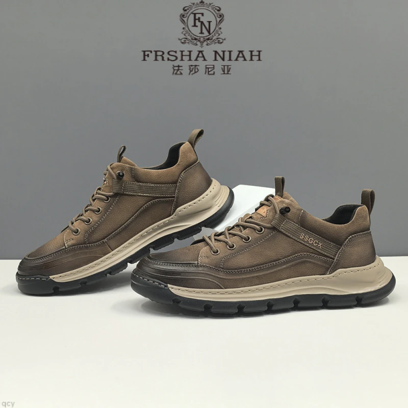 法莎尼亚男生头层牛皮运动休闲鞋厚底板鞋男款潮鞋真皮小众