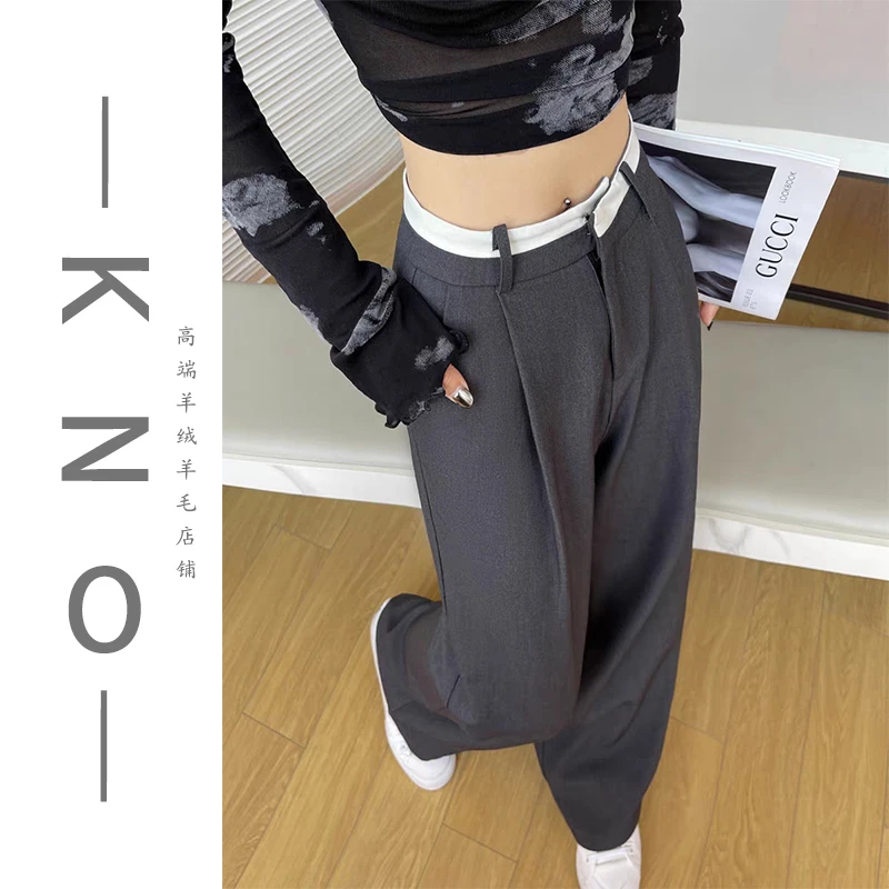 【KNO】春夏新款白色腰线款灰色阔腿西装裤夏季显瘦