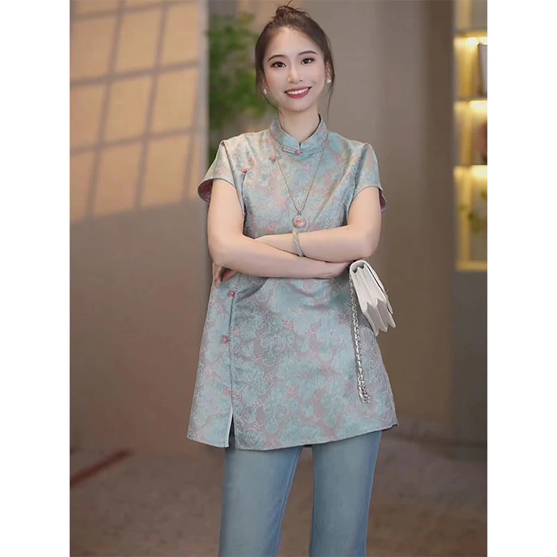 轻奢高端百搭中长款立领衬衫欧洲站2025夏季新款气质休闲短袖上衣