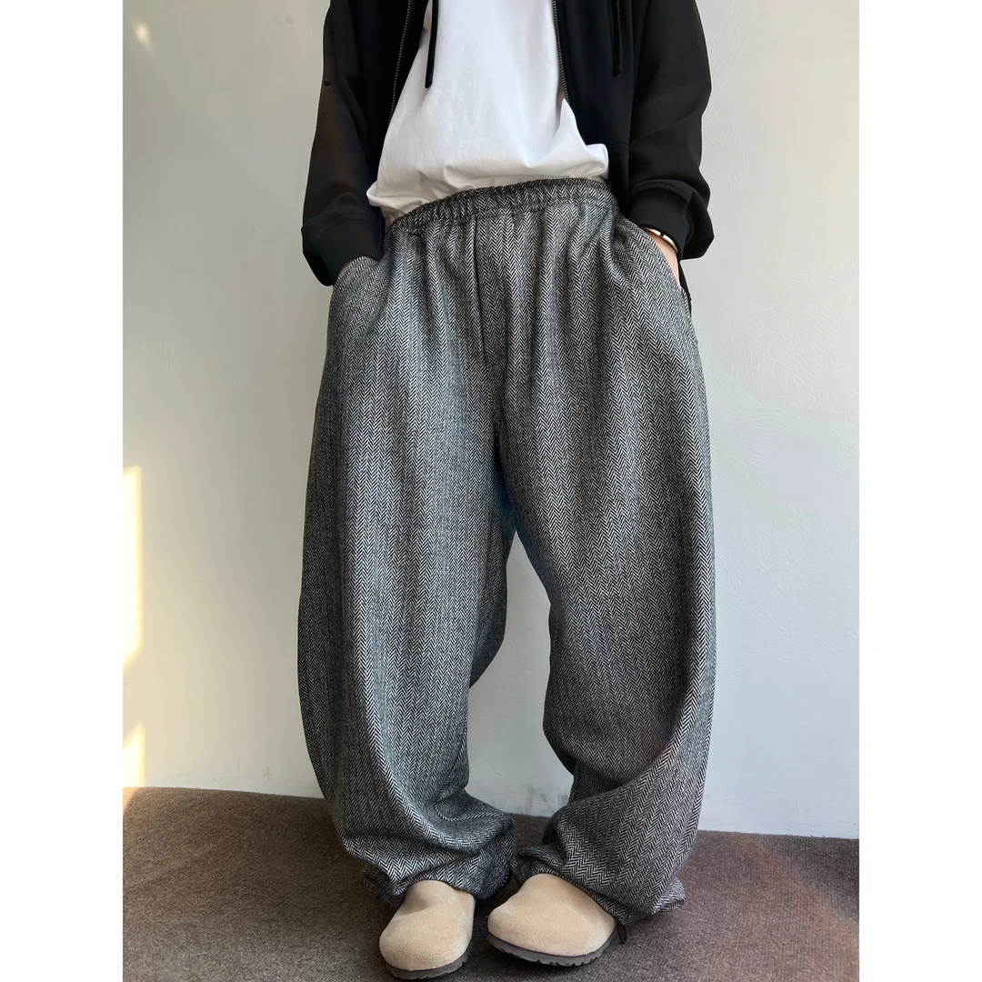 dannyandzee春季复古百搭黑白人字纹含羊毛呢料阔腿裤可束脚SW634