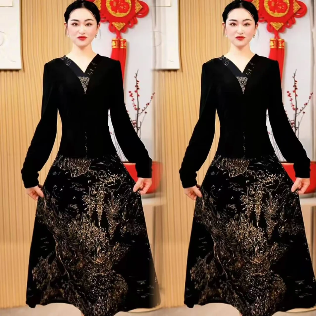 假两件连衣裙女长袖妈妈印花长裙气质轻奢高级感别致裙子假两件套