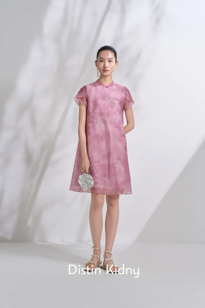 立领高腰轻职风常规新中式连衣裙女士女装紫色日常