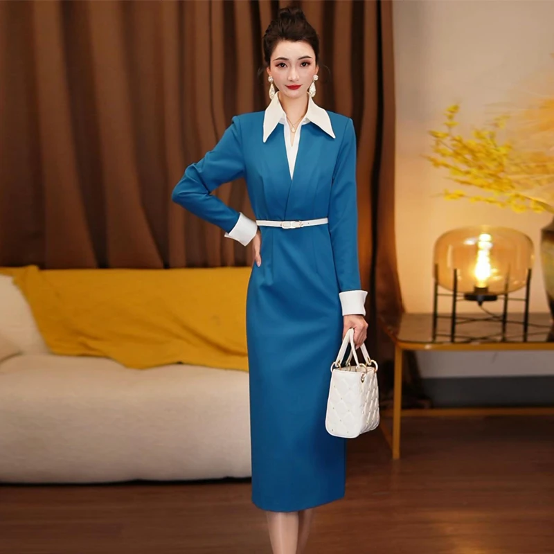 轻奢小众高级感女装长袖连衣裙气质高腰职场衬衫领春款裙子48112