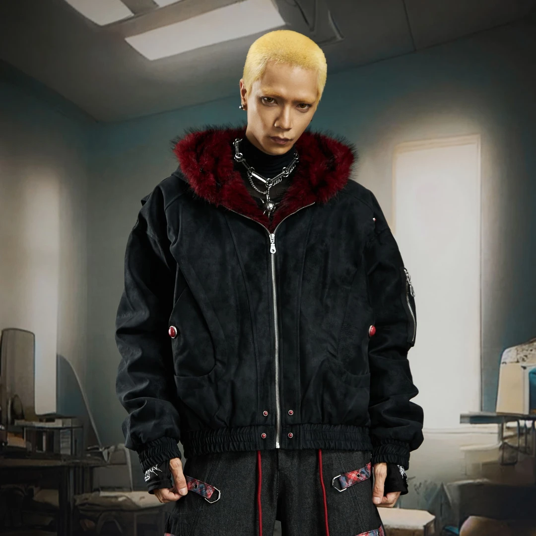 111 血红红毛座山雕纹理PU暗黑短款宽松毛毛加厚男女棉服外套