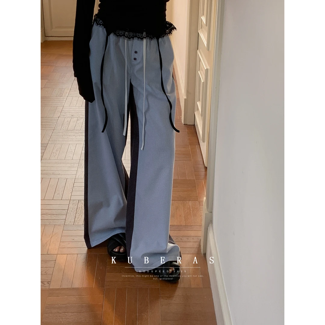 KUBERAS 复古小众撞色格子胸衣直筒抽绳阔腿裤高/小个子长裤套装