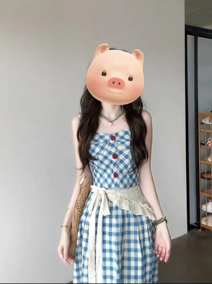 独特漂亮蓝色格纹套装裙女夏季辣妹修身吊带上衣高腰半身裙套装
