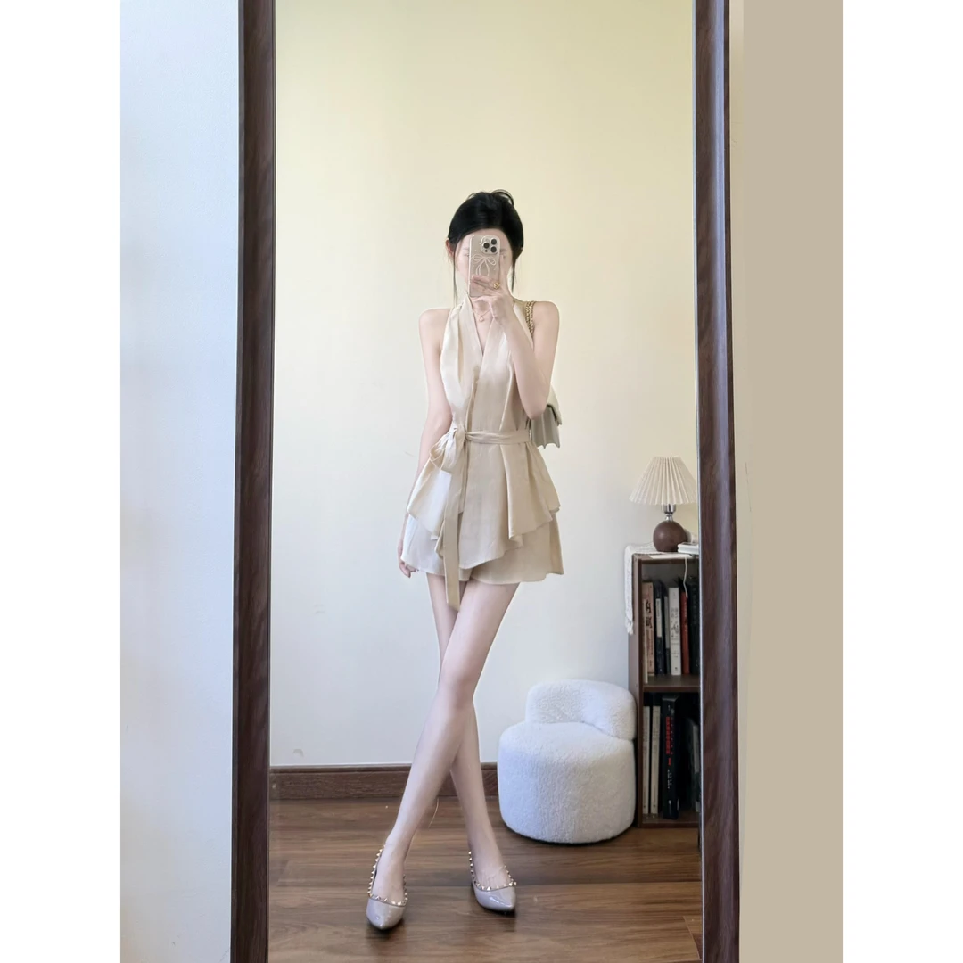 MARIE.COCO时尚蝴蝶结绑带气质无袖背心上衣女夏季休闲短裤两件套