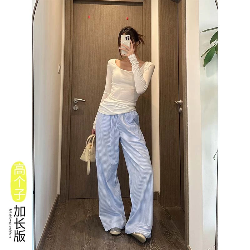 175加长版高个子浅蓝色条纹休闲裤女夏季休闲百搭遛弯阔腿拖地裤