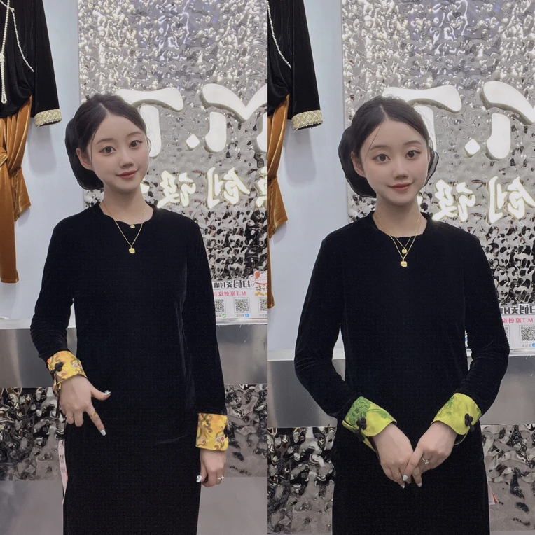 新中式套头提花袖口重工拼接显瘦丝绒长袖圆领衫女(衣长约60cm)