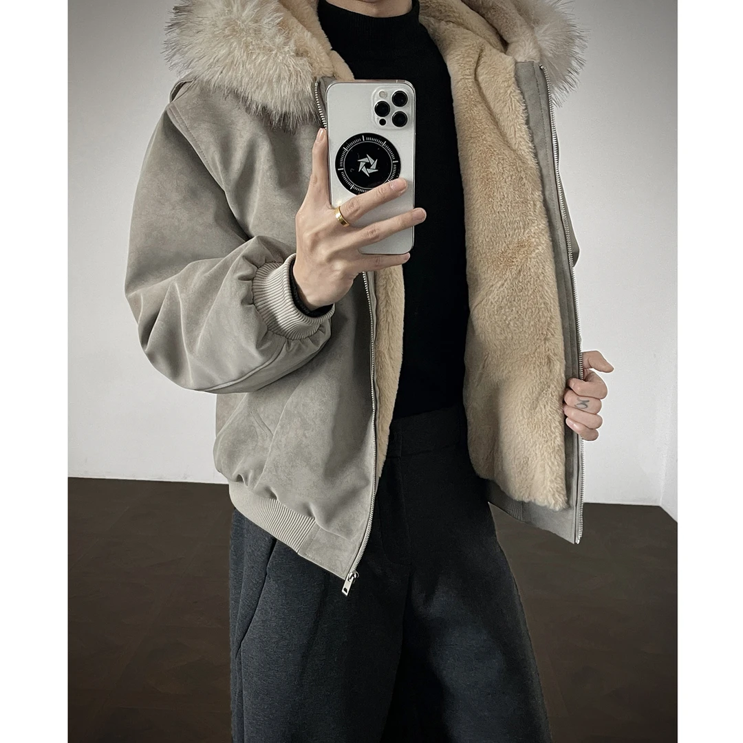 OWH潮流800克一体绒仿兔绒毛冬季座山雕外套夹克纯色连帽毛领外套