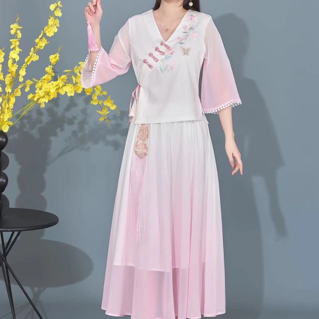 网红爆款渐变色汉服女中国风女装复古改良旗袍套装裙两件套日常