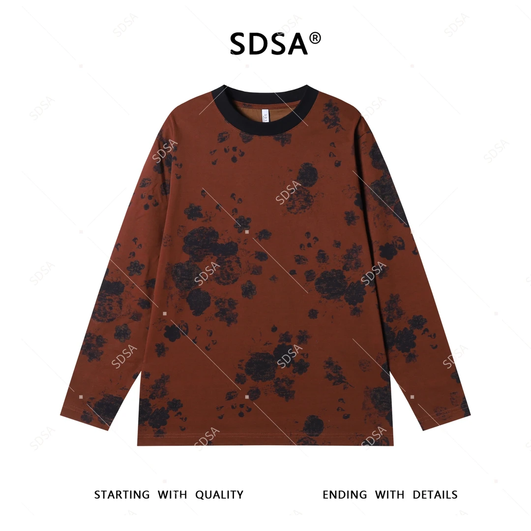 SDSA秋季新款男士痞帅美式撞色花卉圆领长袖T恤极简风百搭宽松