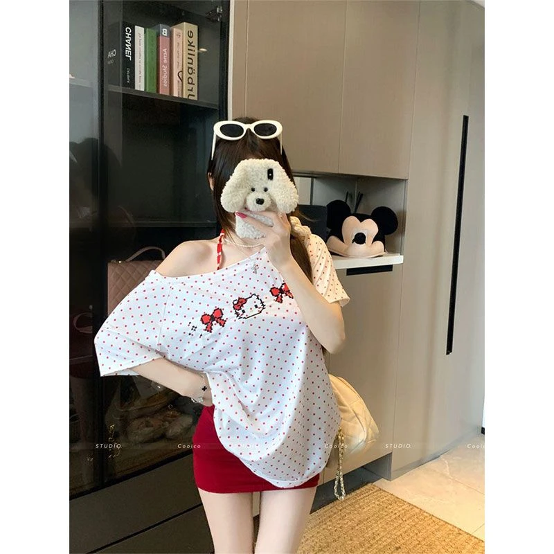 辛巴洛小猫波点学生刺绣套装性感INS风时尚辣妹风波点常规T恤短袖