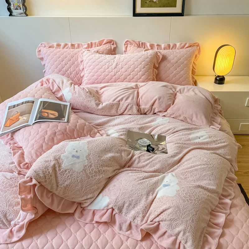 高端加厚牛奶绒床盖四件套夹棉床单被罩法莱绒床上用品可爱宝宝绒