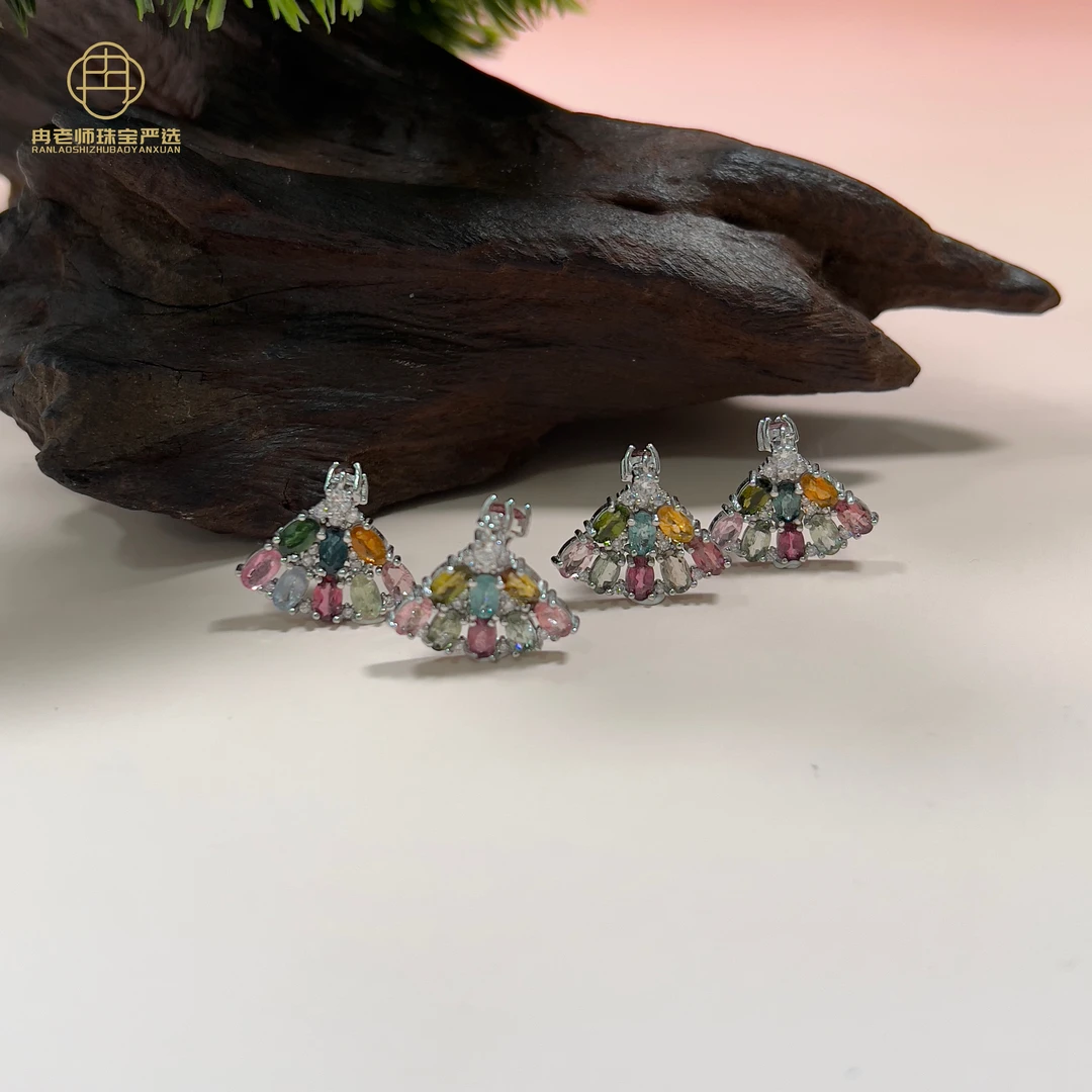 YS96天然碧玺S925银镶耳坠多样性发其一对