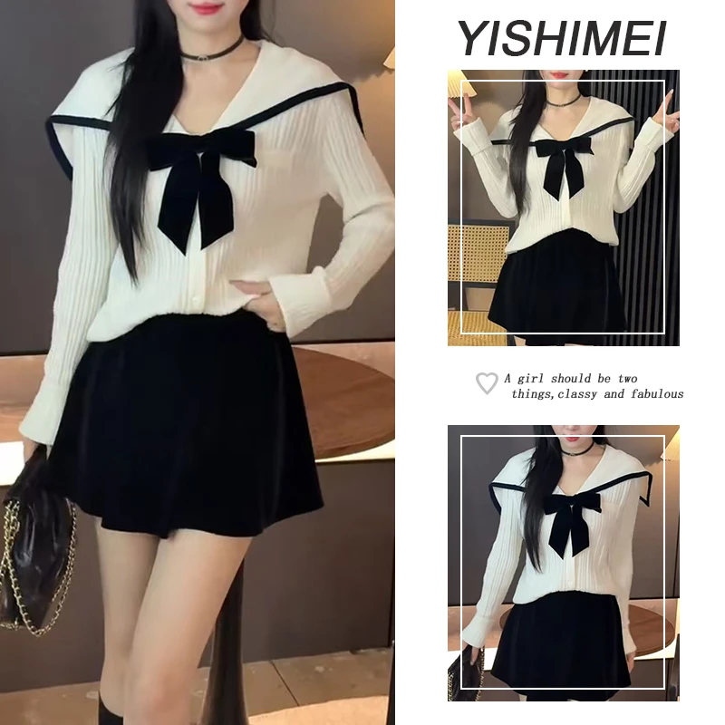 早秋时尚穿搭2025年新款韩系百搭水军领蝴蝶结长袖上衣裙裤两件套