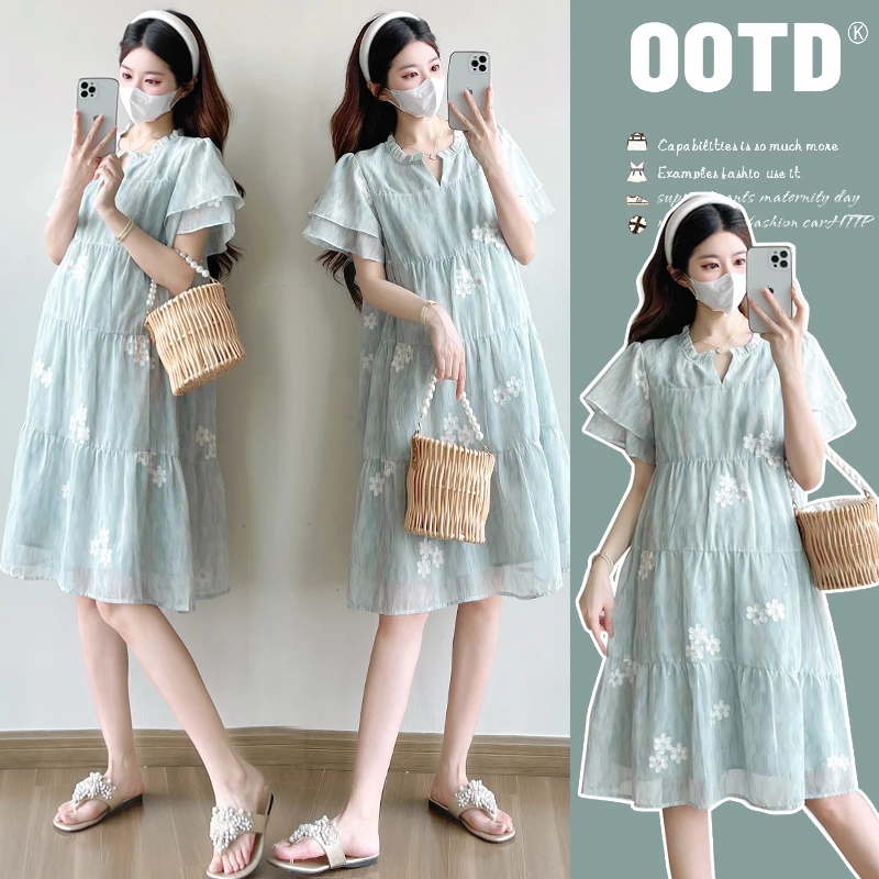 孕妇装女2025新款爆款洋气夏装连衣裙宽松韩版高级夏季小个子飞袖