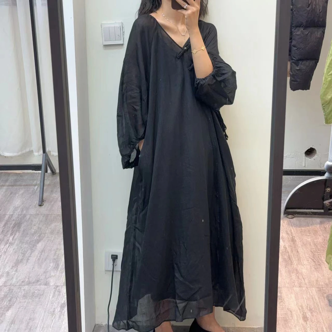 夏季新款女士国风休闲宽松盘扣中长款苎麻连衣裙 5288
