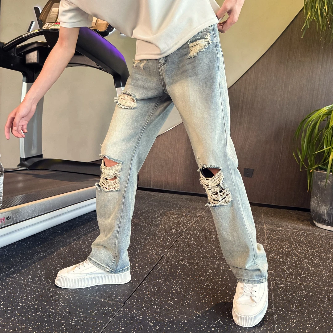 浅色牛仔裤男春秋新款阔腿宽松直筒长裤潮牌美式坠感直筒休闲裤男