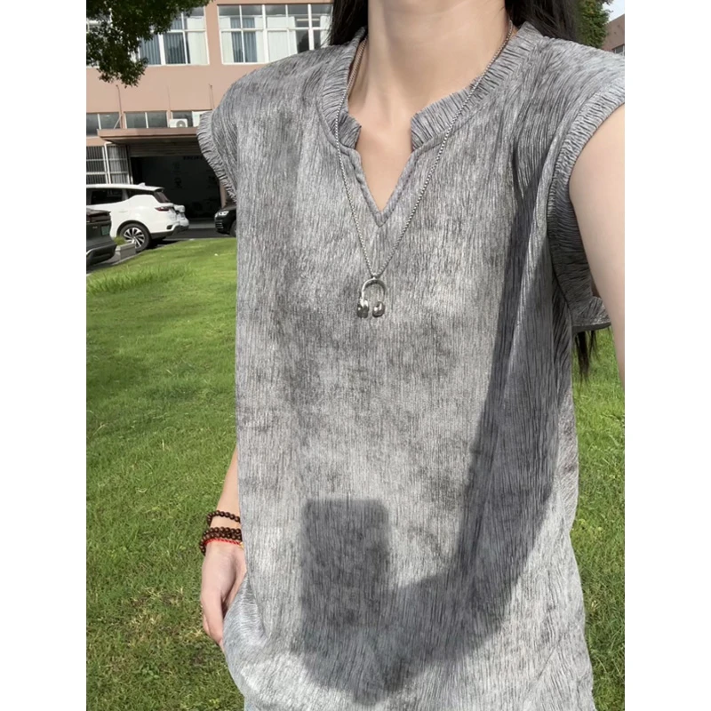 美式复古扎染v领背心男夏季速干坎肩无袖t恤高级感痞帅肌理感体恤