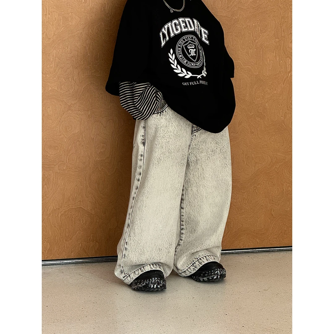 2025年新款儿童牛仔裤韩版长裤春季休闲百搭复古设计感美式直筒