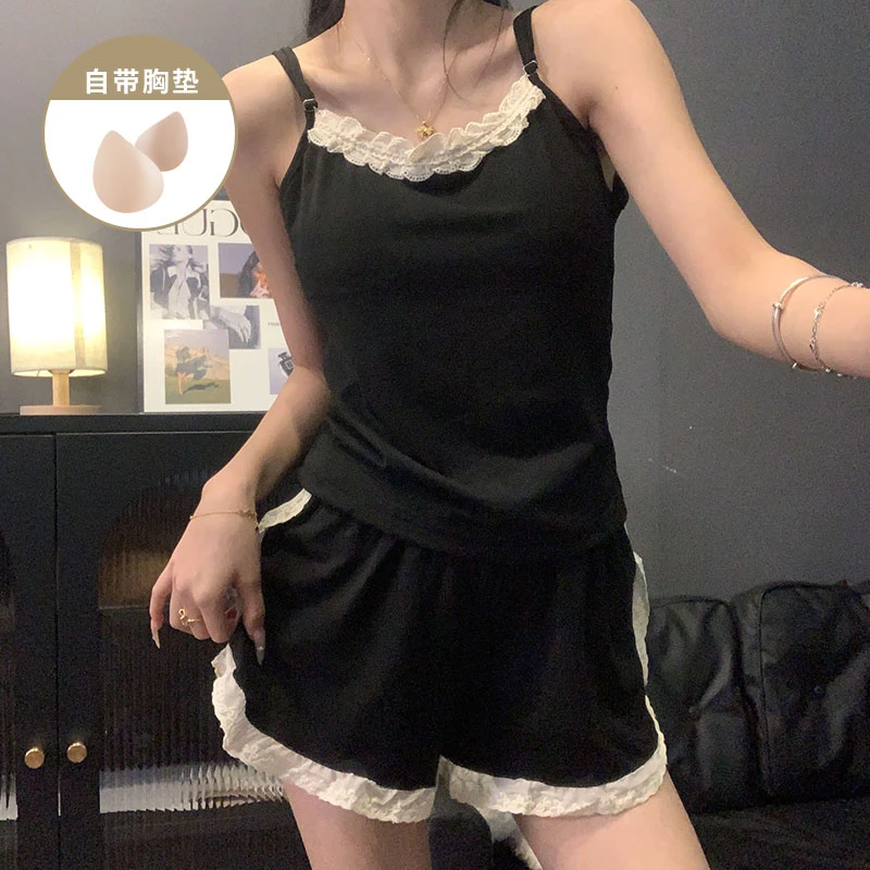 简约风黑色带胸垫吊带睡衣女夏季爆款女士背心短裤性感家居服套装