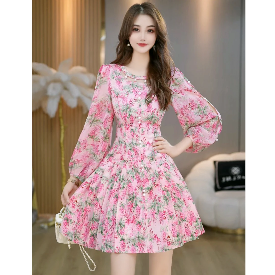 【绮梦花间】早秋收腰设计感方领钉珠高级感名媛碎花连衣裙C5550
