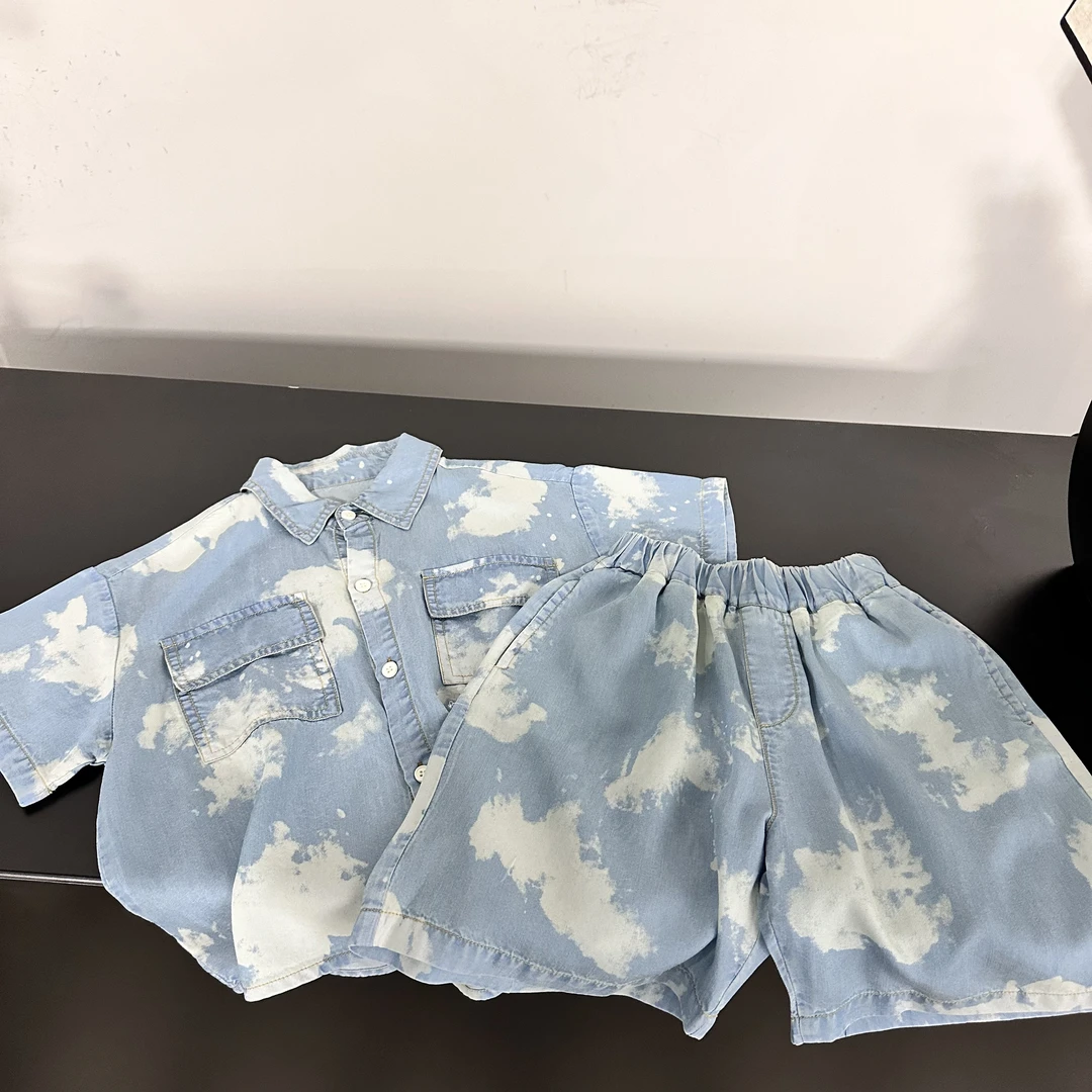 【蓝天白云】2024童装夏款中小童牛仔套装短袖短裤时尚两件套6721