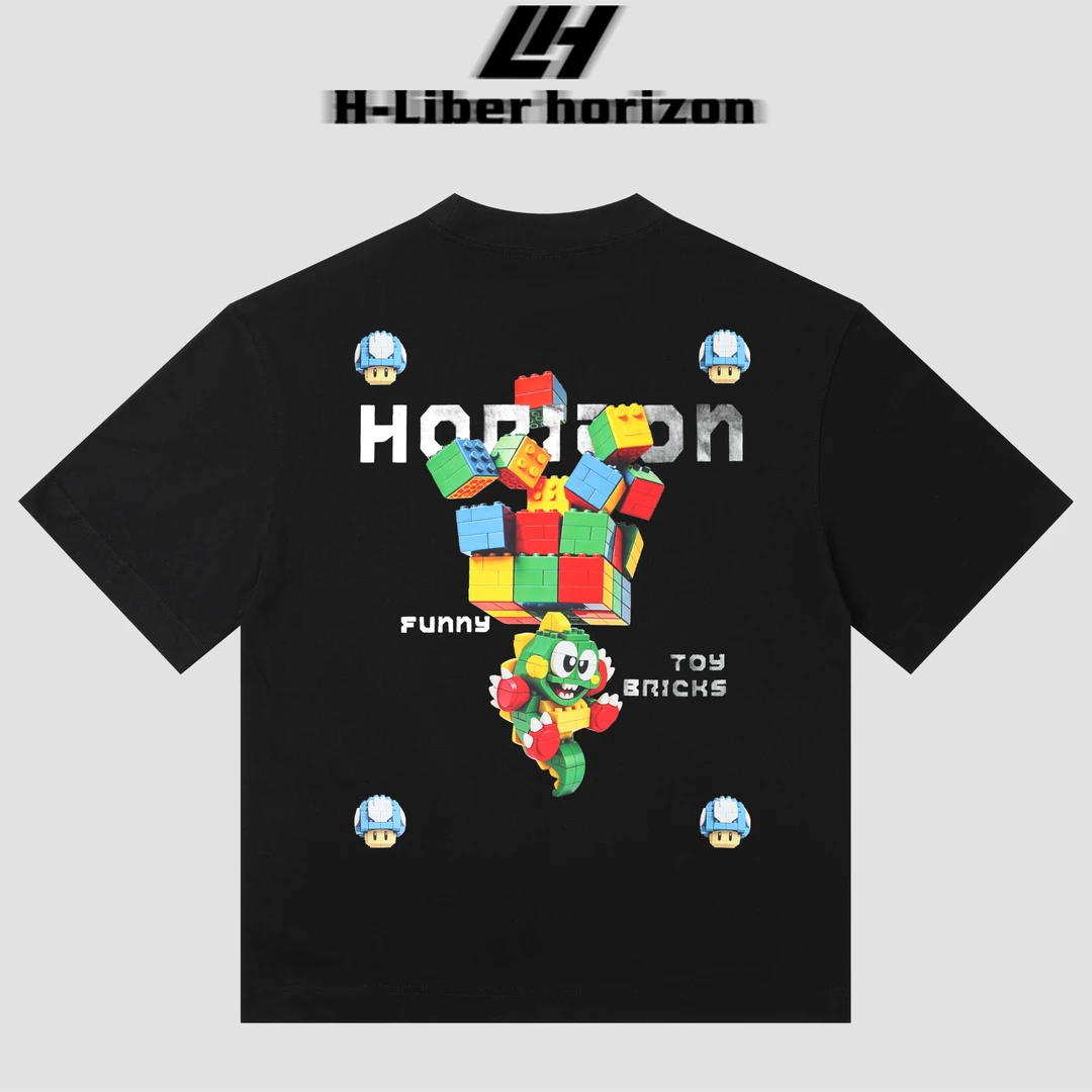 H-Liber horizon/重磅26S双纱260克纯棉积木泡泡龙卡通印花短袖