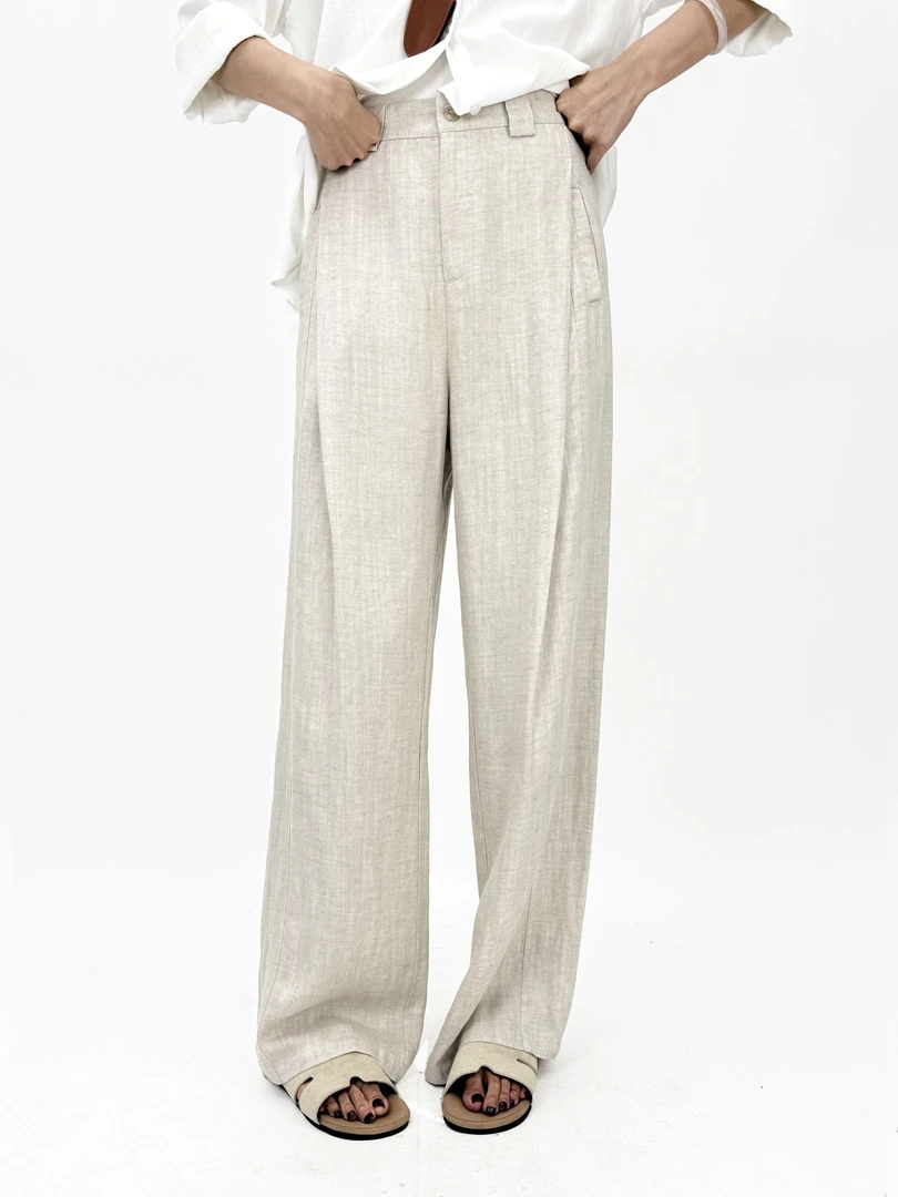 2025新款捏褶设计版天丝亚麻直筒阔腿裤A031
