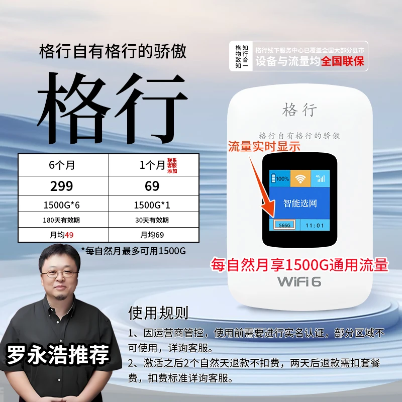 格行随身无线彩屏款wifi6(设备与流量均全国联保)